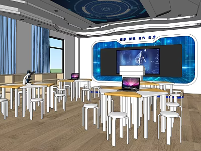 School Smart Classroom With Digital Screen Blue Decor And Student Laptops 3d model