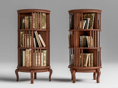 Round Wooden Bookcases With Multiple Shelves Filled With Books And Ornate Legs 3d model