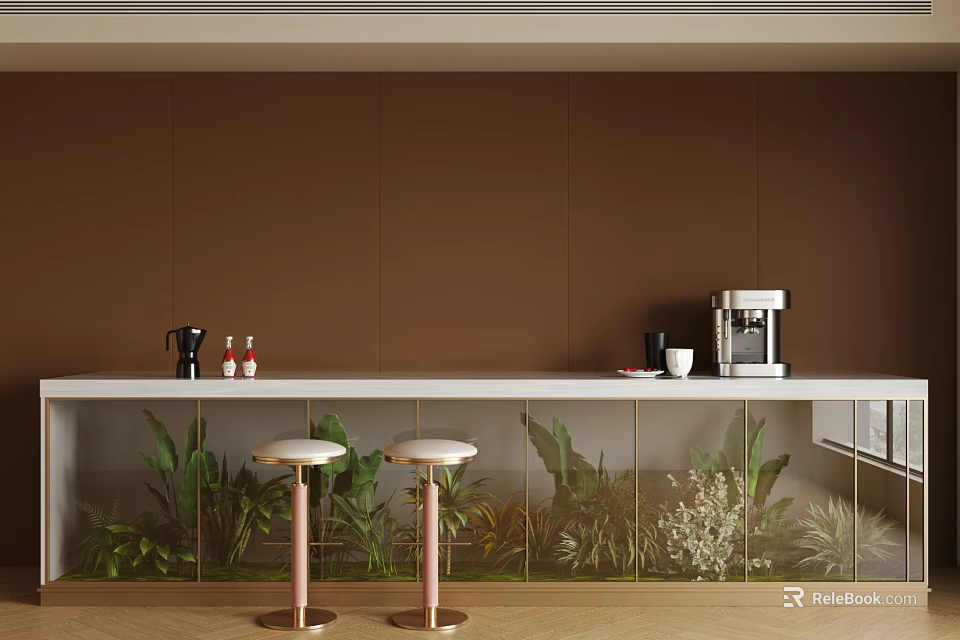 Modern Bar Counter With Brown Wall White Top Pink Stools Coffee Machine And Green Plants 3d model 
