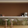 Modern Bar Counter With Brown Wall White Top Pink Stools Coffee Machine And Green Plants
