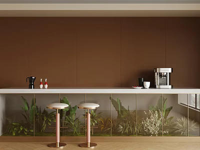 Modern Bar Counter With Brown Wall White Top Pink Stools Coffee Machine And Green Plants 3d model