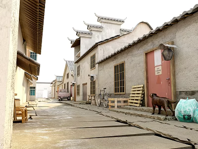 Ancient Village Street With Grey Walls Red Doors Upturned Eaves And Stone Slab Path 3d model