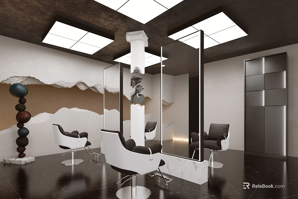 Modern Hair Salon Interior With Styling Chairs Large Mirrors And Black Flooring 3d model 