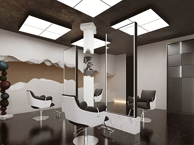 Modern Hair Salon Interior With Styling Chairs Large Mirrors And Black Flooring 3d model