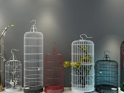 Colorful Birdcages Decorative Ornament Set With Green Plants For Home Tabletop Decoration 3d model