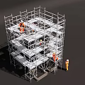 Scaffolding Structure For Construction Site With Workers In Safety Gear