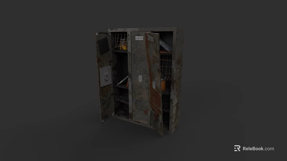 Vintage Rusty File Cabinet with Open Doors Shelves and Storage Baskets 3d model 