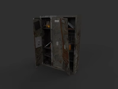 Vintage Rusty File Cabinet with Open Doors Shelves and Storage Baskets 3d model