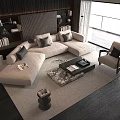 Modern L shaped Sofa And Coffee Table Set With Grey Cushions In Elegant Living Room