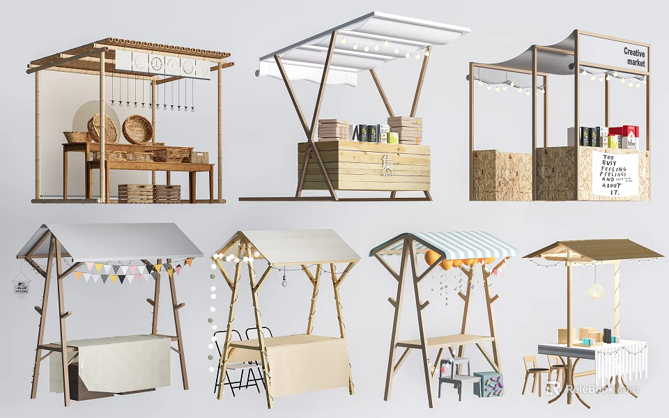 Wooden Market Stalls With Various Designs For Outdoor Display And Retail 3d model 