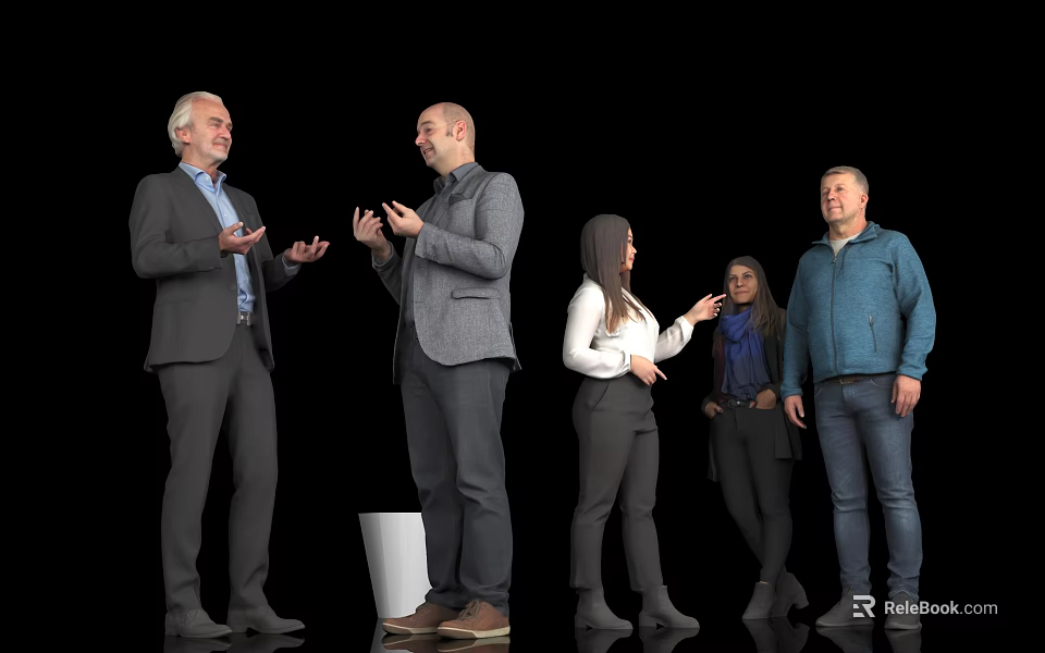 Group of Business People Standing and Conversing in Black Background Setting 3d model 