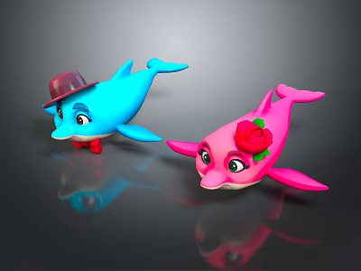 Cute Dolphin Toys Blue With Hat Bow Tie And Pink With Red Rose Decoration 3d model