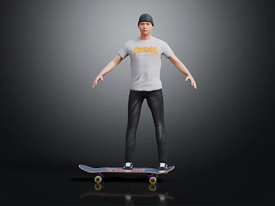 Man Wearing Gray Monsters T Shirt and Black Cap Standing on Skateboard 3d model