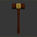 Wooden Gavel With Red Head Handle And Gold Decorative Band On Gray Background