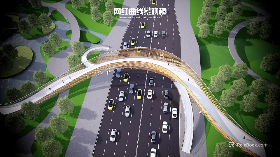 Iconic Curved Turning Bridge with Road Traffic and Green Surroundings 3d model 
