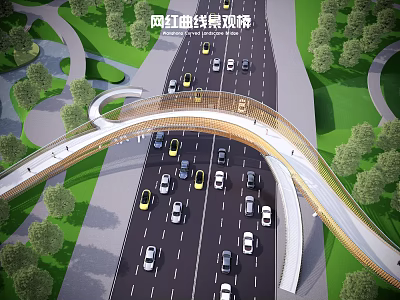 Iconic Curved Turning Bridge with Road Traffic and Green Surroundings 3d model