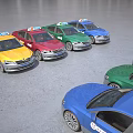 Colorful Cars Including Taxi Parked On Open Road With Blue Sky Background