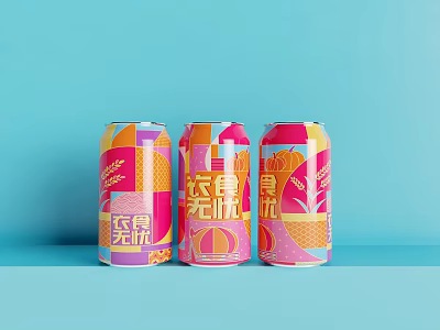 Three Vibrant Canned Drinks With Geometric Patterns On Light Blue Background 3d model