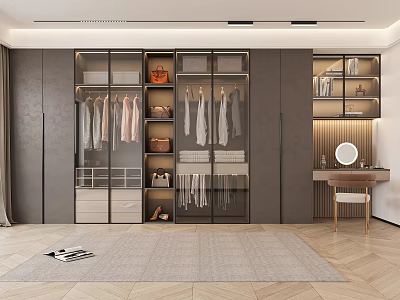 Modern Wardrobe With Glass Doors Storage And Dressing Table Mirror In Wooden Floor Interior 3d model