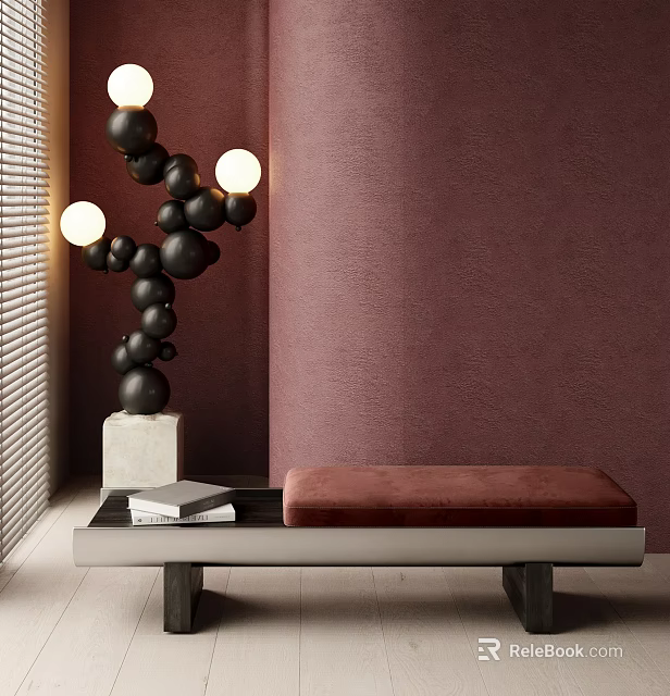 Stylish Maroon Sofa Bench with Black Spherical Lamp Books and Blinds Against Textured Wall 3d model 