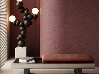 Stylish Maroon Sofa Bench with Black Spherical Lamp Books and Blinds Against Textured Wall 3d model