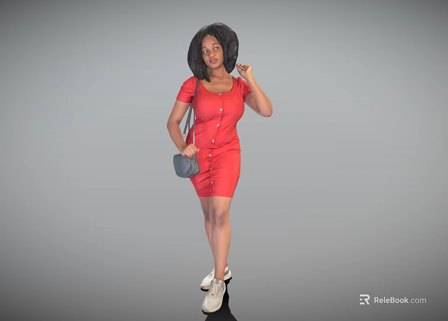 Woman wearing red buttoned dress carrying gray handbag and black wide-brimmed hat with white sneakers 3d model 