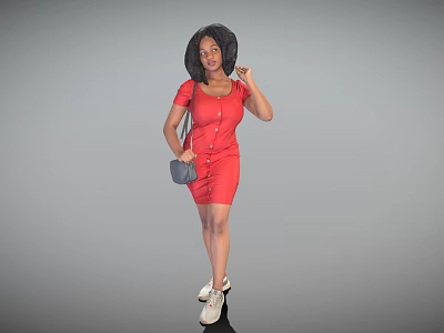 Woman wearing red buttoned dress carrying gray handbag and black wide-brimmed hat with white sneakers 3d model