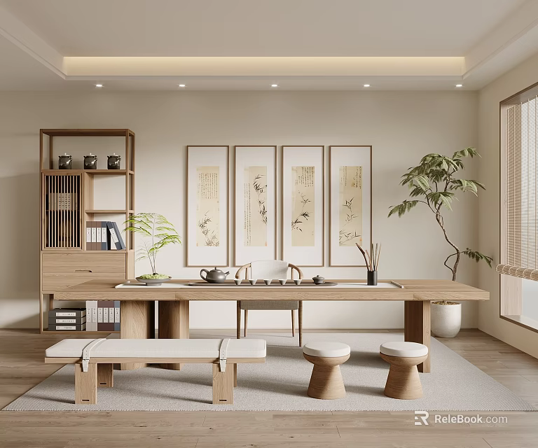 Tea Room Interior With Wooden Table Bench Round Stools Bookshelf Paintings And Green Plants 3d model 