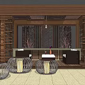 Cozy Wooden Pergola Seating Area With Sofas Coffee Table Hanging Lamp And Tree Pattern Backdrop