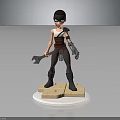 3D Character Model of Masked Figure With Mechanical Arm Wrench and Stone Base