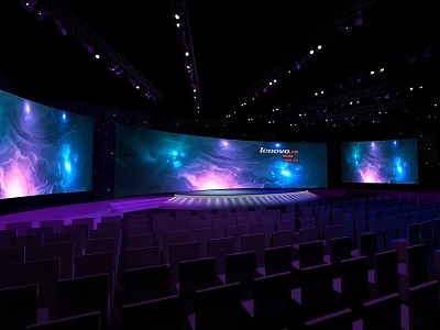 Modern Event Stage Design With Large LED Screens Purple Lighting And Audience Seats 3d model