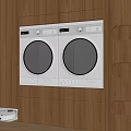 Two White Front Load Washing Machines Built in Modern Wooden Laundry Cabinets
