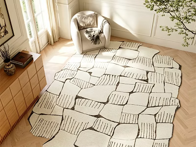 Stylish Geometric Pattern Area Rug For Modern Living Room With Wooden Floor And Natural Light 3d model