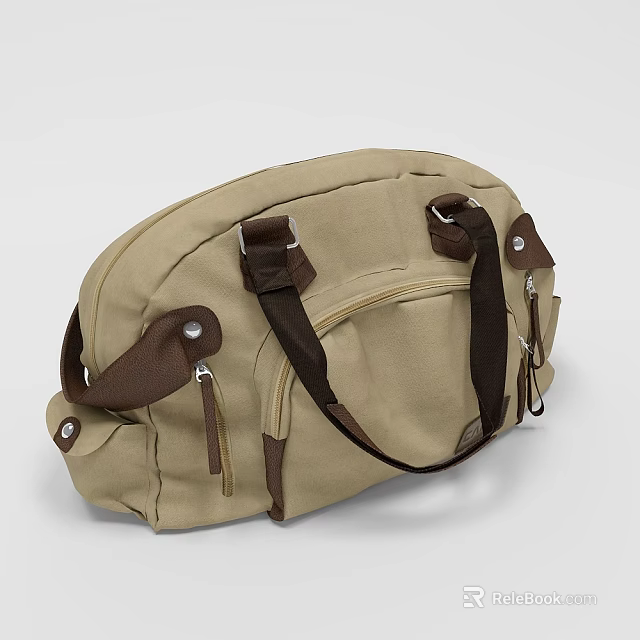 Beige Canvas Duffle Bag With Brown Leather Straps And Zipper Details 3d model 