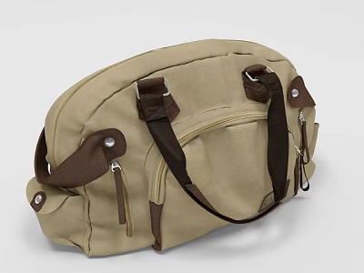 Beige Canvas Duffle Bag With Brown Leather Straps And Zipper Details 3d model