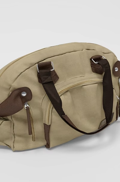 Beige Canvas Duffle Bag With Brown Leather Straps And Zipper Details 3d model