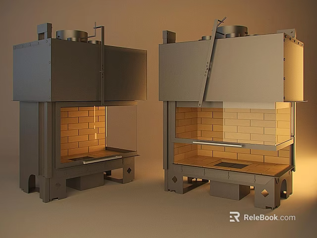Modern Fireplace Design With Metal Exterior Brick Interior And Glass Doors 3d model 