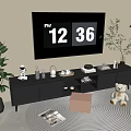 Modern TV Stand with Flat Screen TV Decorative Items Green Plants and Round Striped Rug