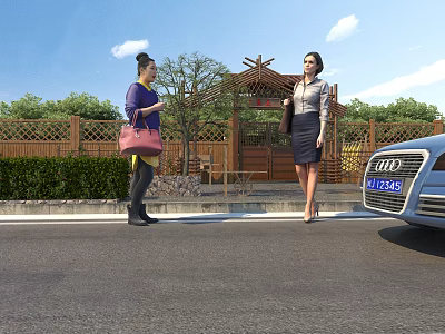 Traditional Wooden Entrance Gate With Two Women Talking Near Audi Car And Greenery 3d model