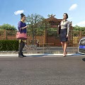 Traditional Wooden Entrance Gate With Two Women Talking Near Audi Car And Greenery