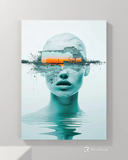 Abstract Painting Featuring Female Head With Fragmented Effect Sunset Orange Sky And Water Ripples 3d model 