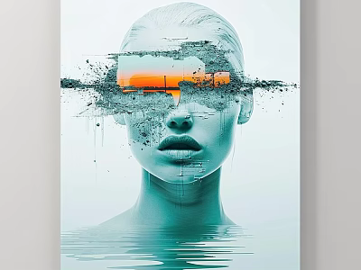 Abstract Painting Featuring Female Head With Fragmented Effect Sunset Orange Sky And Water Ripples 3d model