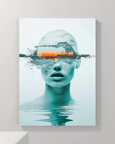 Abstract Painting Featuring Female Head With Fragmented Effect Sunset Orange Sky And Water Ripples 3d model