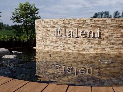 Stone Brick Feature Wall With Elaleni Lettering Water Pool Reflection Green Plants And Wooden Deck 3d model
