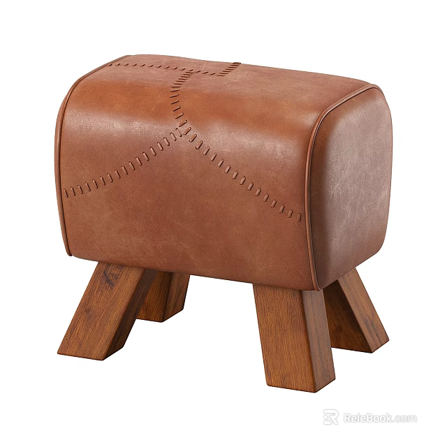 Modern Brown Leather Ottoman With Stylish Stitched Details And Wooden Legs 3d model 