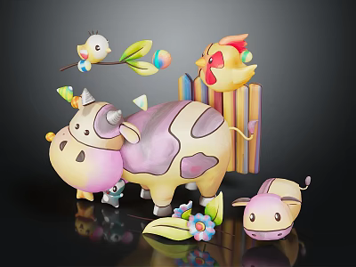Cute Cartoon Cow Chicken Bird And Calf With Fence Flower And Leaf 3d model