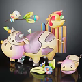 Cute Cartoon Cow Chicken Bird And Calf With Fence Flower And Leaf