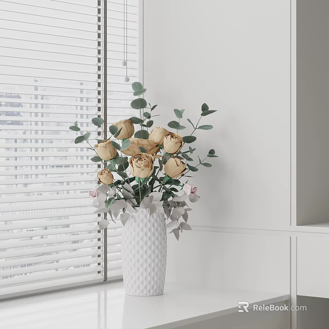 White Textured Vase With Beige Roses And Green Eucalyptus Leaves By Window Blinds 3d model 