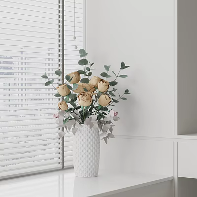 White Textured Vase With Beige Roses And Green Eucalyptus Leaves By Window Blinds 3d model