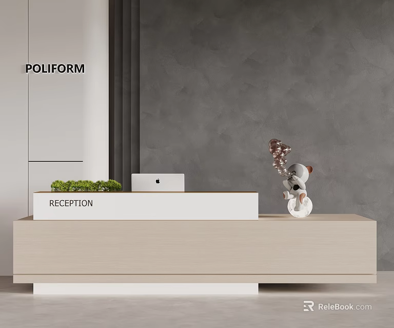 Gray Reception Background Wall with Light Wood Desk POLIFORM Logo Decorative Item and Small Plant 3d model 